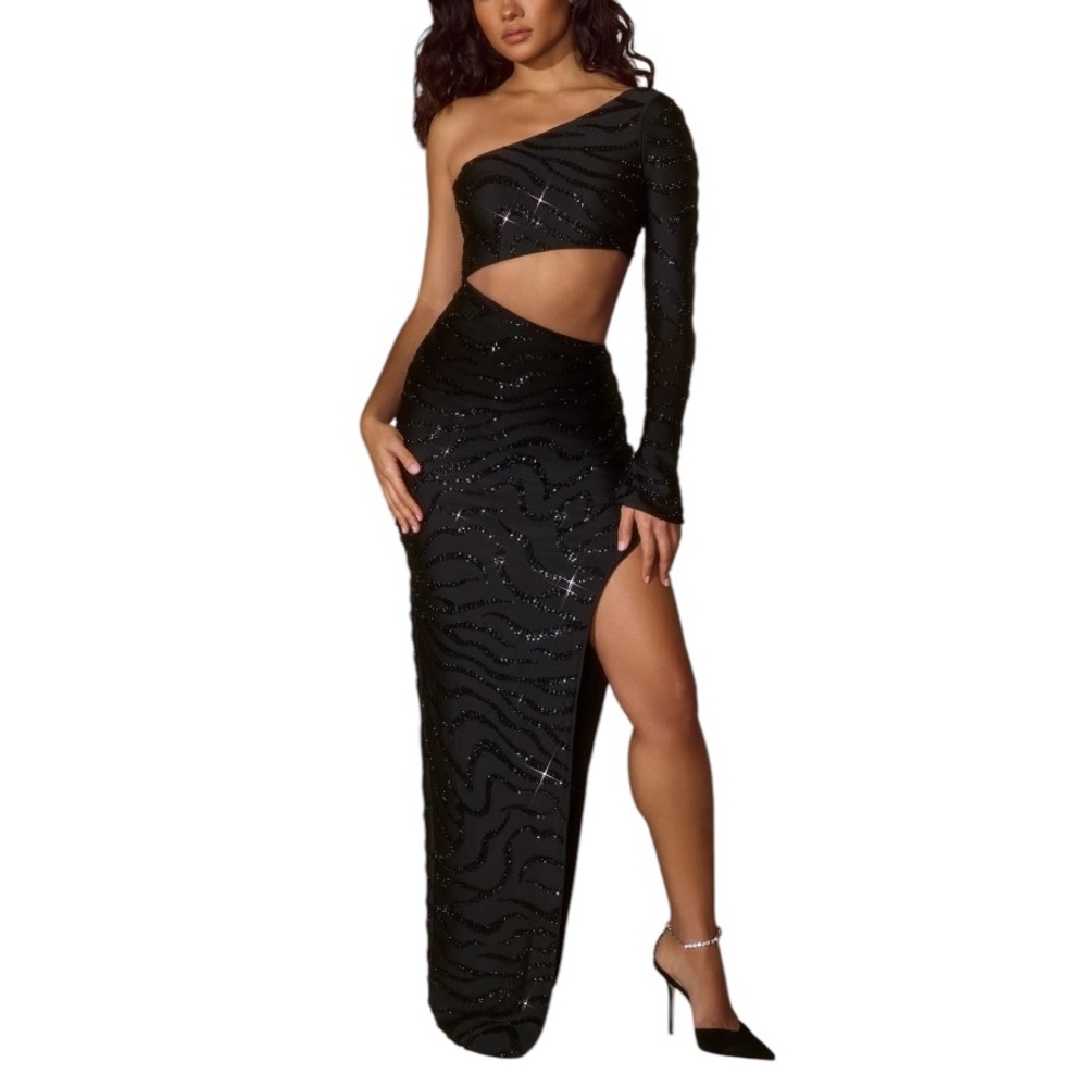 NWT Oh Polly Seren Black One Shoulder Dress heavily beaded cutout